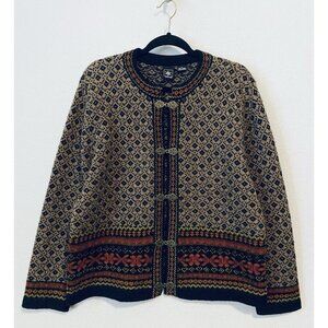 Skyr Cardigan Sweater Womens Large Nordic Fair Isle Wool Metal Clasp Outdoor